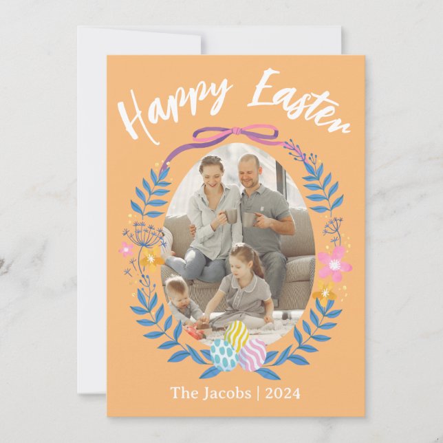  Elegant Eggs Happy Easter family one photo Holiday Card (Front)