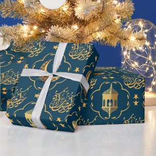 Elegant Eid Mubarak Arabic Calligraphy gold blue Wrapping Paper