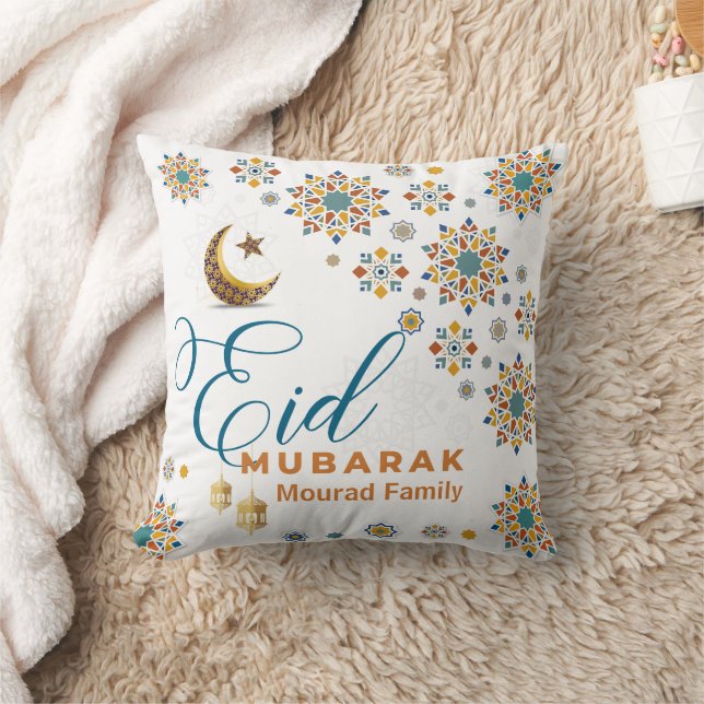 Elegant Eid Mubarak Arabic Calligraphy Moon Stars  Throw Pillow (Blanket)