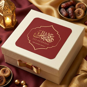 Elegant Eid Mubarak Arabic Calligraphy Red Gold Square Sticker