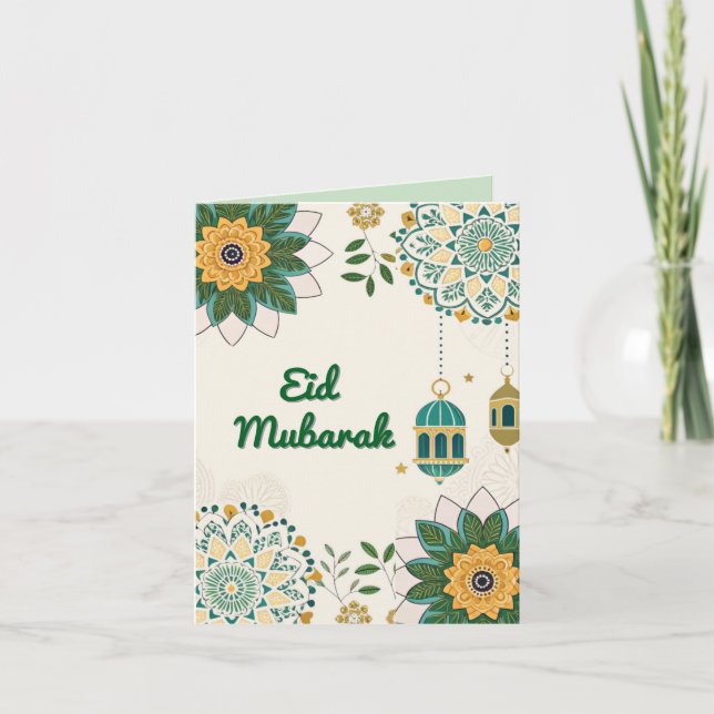 Elegant Eid Mubarak Card with Lanterns and Floral  (Front)