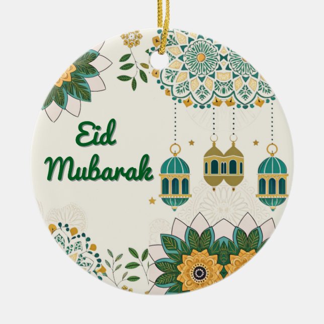 Elegant Eid Mubarak Card with Lanterns and Floral  Ceramic Ornament (Front)
