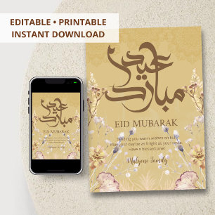 Elegant Eid Mubarak Floral Card - Gold Mandalas & 