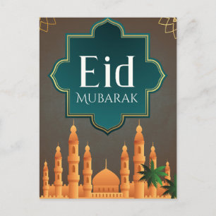 Elegant Eid Mubarak Mosque Skyline Art Holiday Postcard