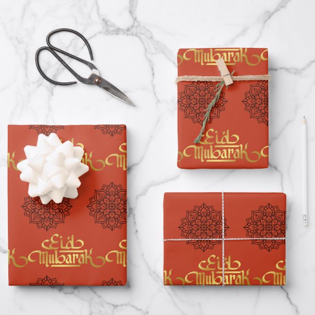 Elegant Eid Wrapping Paper  Mandala Red and Gold (Front)