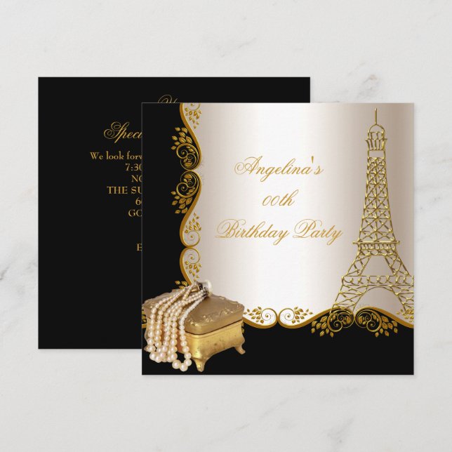 Elegant Eiffel Tower Gold Black Birthday Party Invitation (Front/Back)