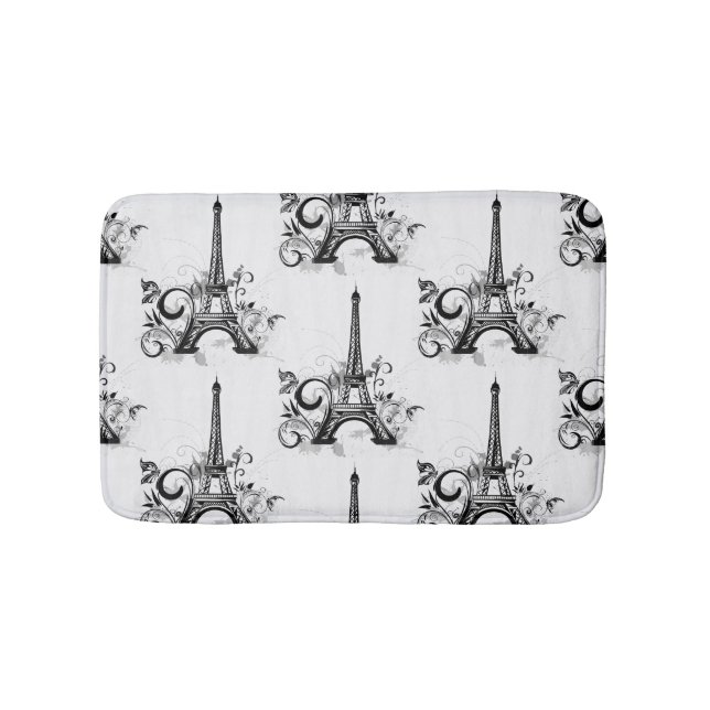 Elegant Eiffel Tower Paris Black White Flourish Bath Mat (Front)