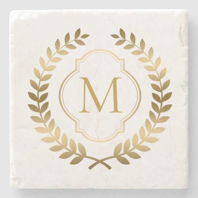 Elegant Elegant Gold Wreath Monogram Stone Coaster (Front)