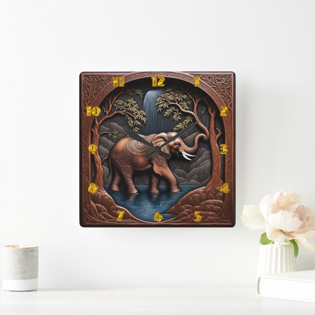 Elegant Elephant Amidst Tranquil Waterfall Scene Square Wall Clock (Home)