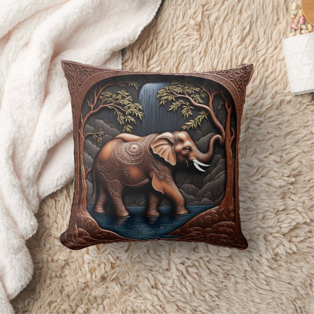 Elegant Elephant Amidst Tranquil Waterfall Scene Throw Pillow (Blanket)