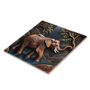 Elegant Elephant Amidst Tranquil Waterfall Scene Tile
