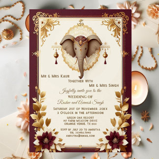 Elegant Elephant Auspicious Ganesha Floral Indian  Invitation