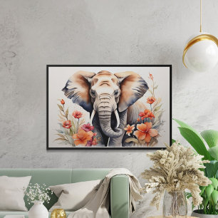 Elegant Elephant & Floral Watercolor Art Poster