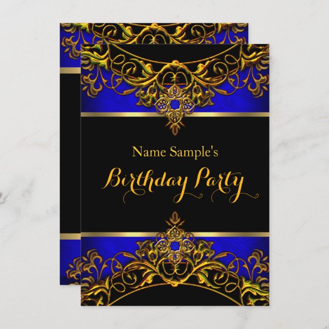Elegant Elite Royal Blue Gold Black Birthday Invitation (Front/Back)