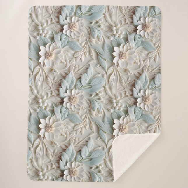 Elegant Embossed 3D Floral Relief Pastel Sherpa Blanket (Front)