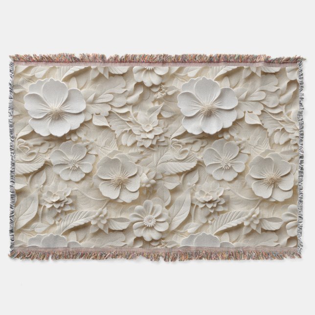 Elegant Embossed 3D Style White Floral Relief Throw Blanket (Front)
