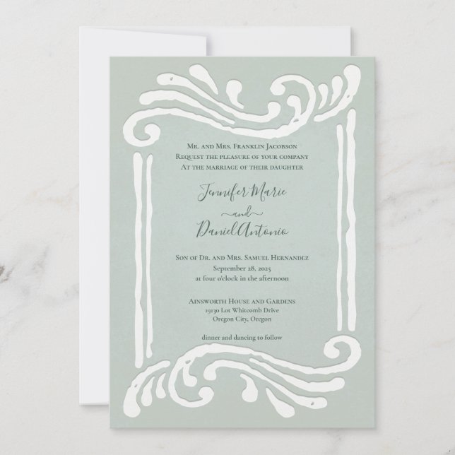 Elegant Embossed Jade Green Wedding Invitation (Front)