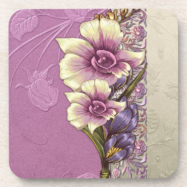 Elegant Embossed Lilac Damask Coasters (Front)