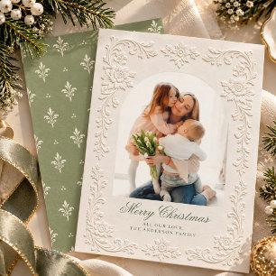 Elegant Embossed Style Sage Floral Photo Christmas Holiday Card