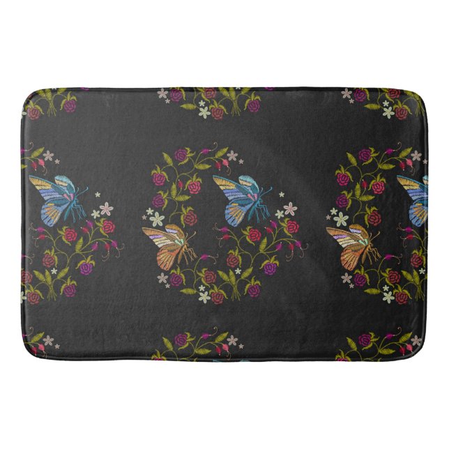 Elegant Embroidery Style Pattern Flowers Butterfly Bath Mat (Front)