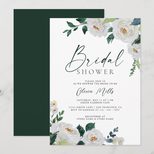Elegant Emeral Ivory White Floral Bridal Shower Invitation (Front/Back)