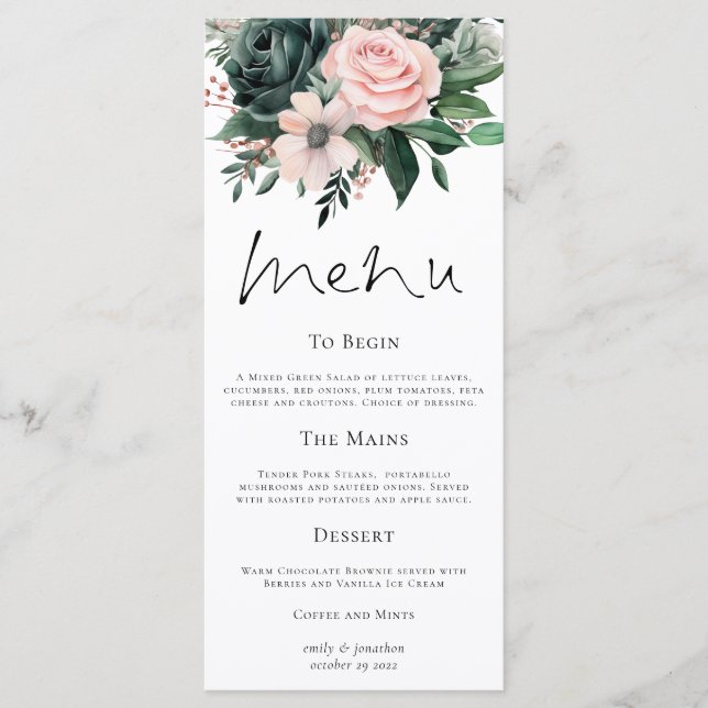 Elegant Emerald and Blush Florals Wedding Menu (Front)
