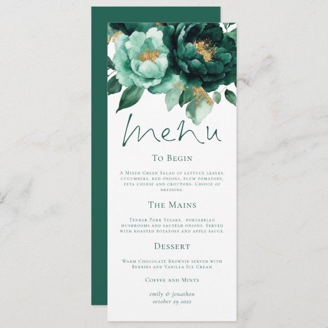 Elegant Emerald and Gold Florals Wedding Menu Card (Front/Back)