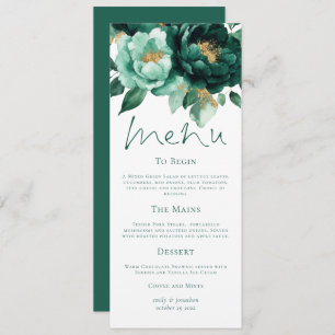 Elegant Emerald and Gold Florals Wedding Menu Card