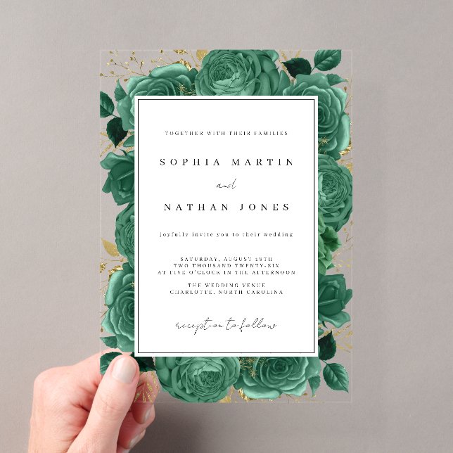 Elegant Emerald And Gold Rose Clear Wedding Acrylic Invitations (Insitu (Handheld))