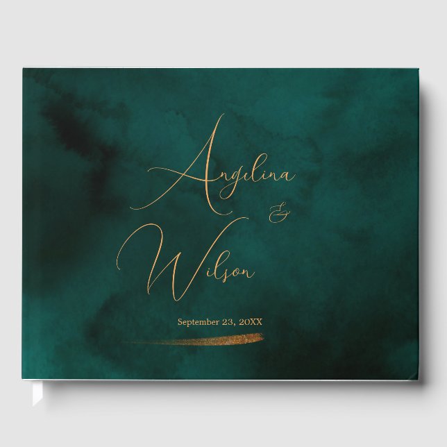 Elegant Emerald and Gold Script Wedding Guest Book (Front)