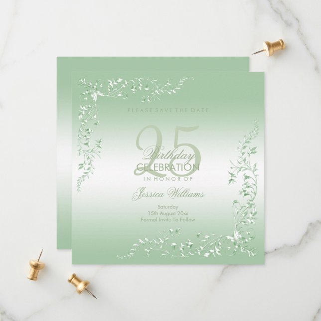 Elegant Emerald Decoration 25th Birthday  Save The Date (Front/Back In Situ)