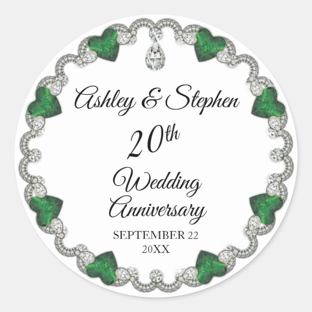 Elegant Emerald Diamonds 20th Wedding Anniversary Classic Round Sticker (Front)