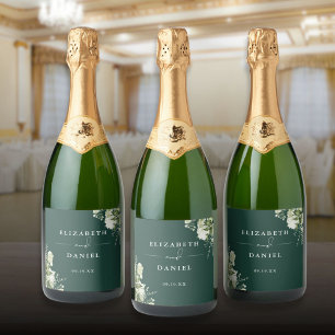 Elegant Emerald Floral Greenery Wedding Sparkling Wine Label