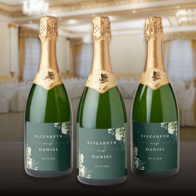 Elegant Emerald Floral Greenery Wedding Sparkling Wine Label (Elegant Emerald Floral Greenery Wedding Sparkling Wine Label)