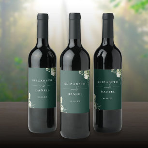 Elegant Emerald Floral Greenery Wedding Wine Label