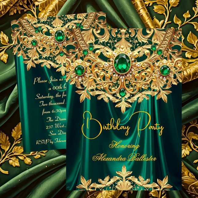 Elegant Emerald gems Gold Lace Damask Birthday Invitation (Creator Uploaded)