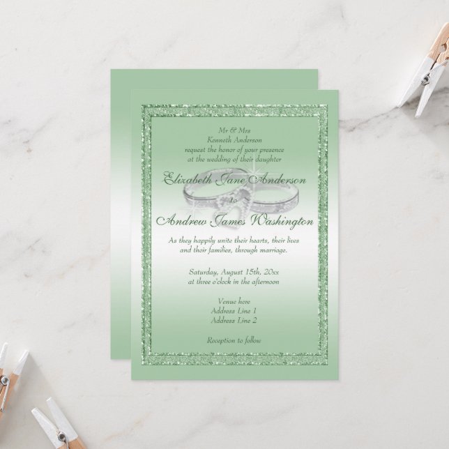 Elegant Emerald Glitter & Silver Wedding Rings Invitation (Front/Back In Situ)
