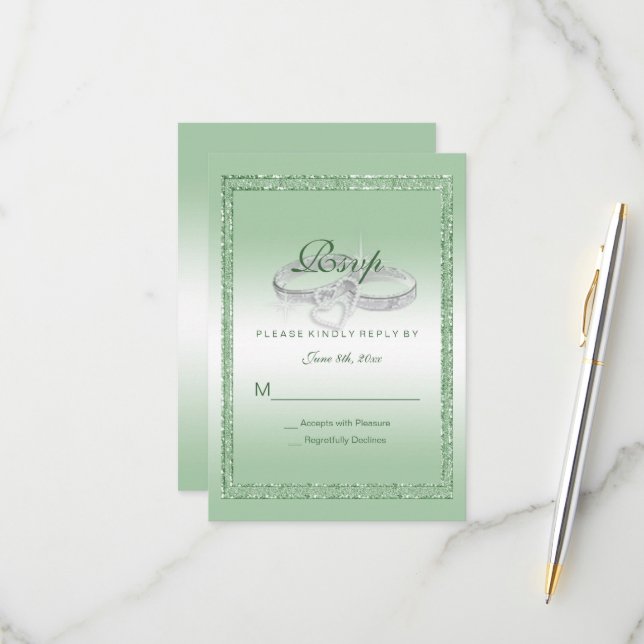 Elegant Emerald Glitter & Silver Wedding Rings RSVP Card (Front/Back In Situ)