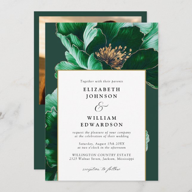 Elegant Emerald Gold Floral Photo QR Code Wedding Invitation (Front/Back)