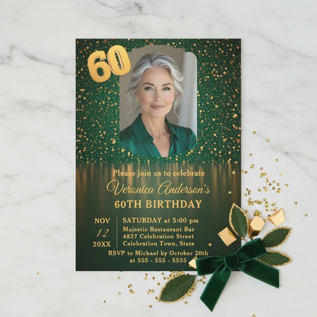 Elegant Emerald Gold Glitter 60th Birthday Party Invitation (Creator Uploaded)