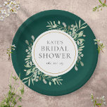 Elegant Emerald Gold Greenery Bridal Shower Paper Plate<br><div class="desc">Featuring delicate watercolor greenery leaves on an emerald green background,  these chic botanical bridal shower paper plates can be personalized with your special bridal shower information. Designed by Thisisnotme©</div>
