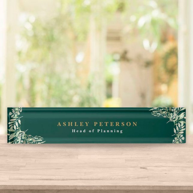 Elegant Emerald Gold Greenery Desk Name Plate (Creator Uploaded)