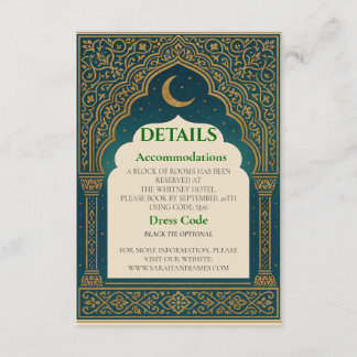 Elegant Emerald & Gold Ornate Arch Wedding Details Enclosure Card
