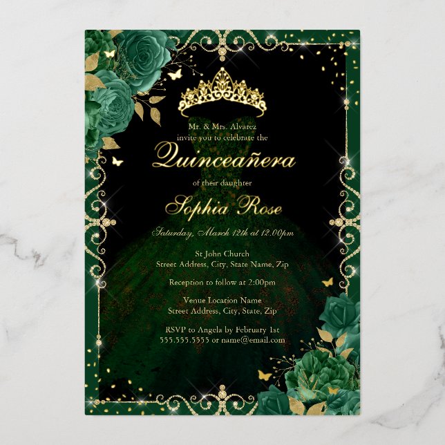 Elegant Emerald Gold Rose Dress Quinceanera (Front)