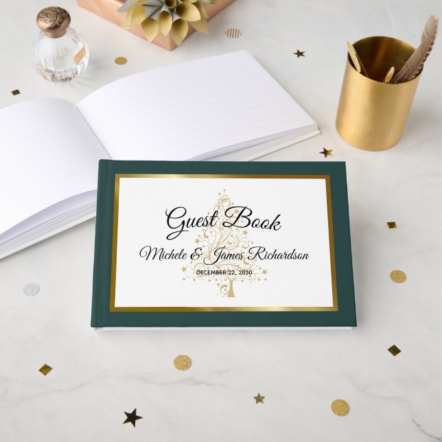 Elegant Emerald Gold Winter Holiday Wedding Guest Book (Front Open)
