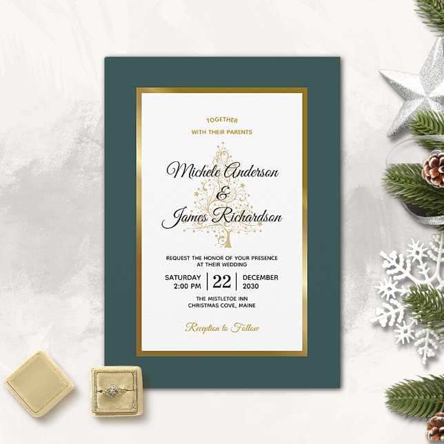 Elegant Emerald Gold Winter Holiday Wedding Invitation (Creator Uploaded)