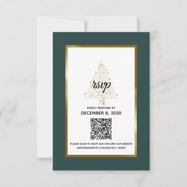 Elegant Emerald Gold Winter Wedding QR Code RSVP Card (Front)