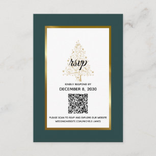 Elegant Emerald Gold Winter Wedding QR Code RSVP Card
