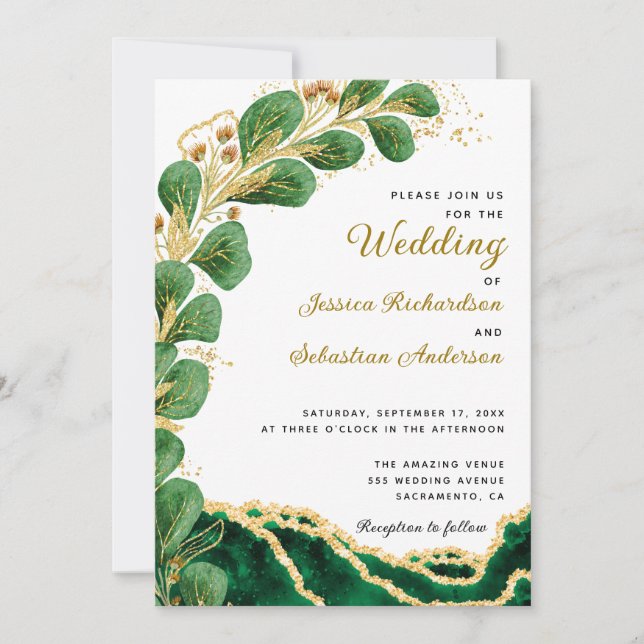 Elegant Emerald Green Agate Eucalyptus Wedding Invitation (Front)
