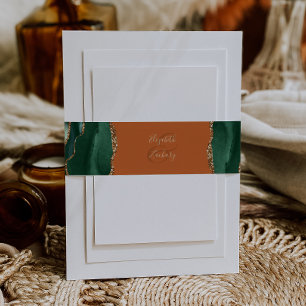 Elegant Emerald Green Agate Rust Wedding Invitation Belly Band